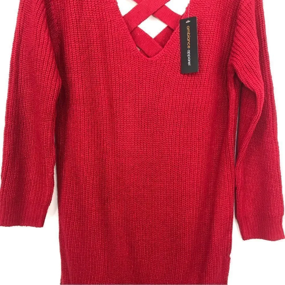 Ambiance Apparel Red Criss Cross Back Tunic Sweater NEW